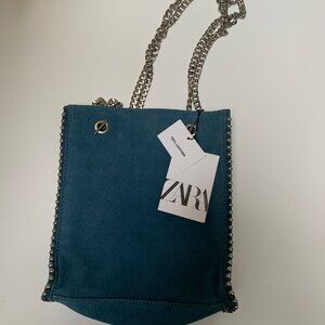 BNWT Zara Suede Silver Beaded Edge Shoulder Bag